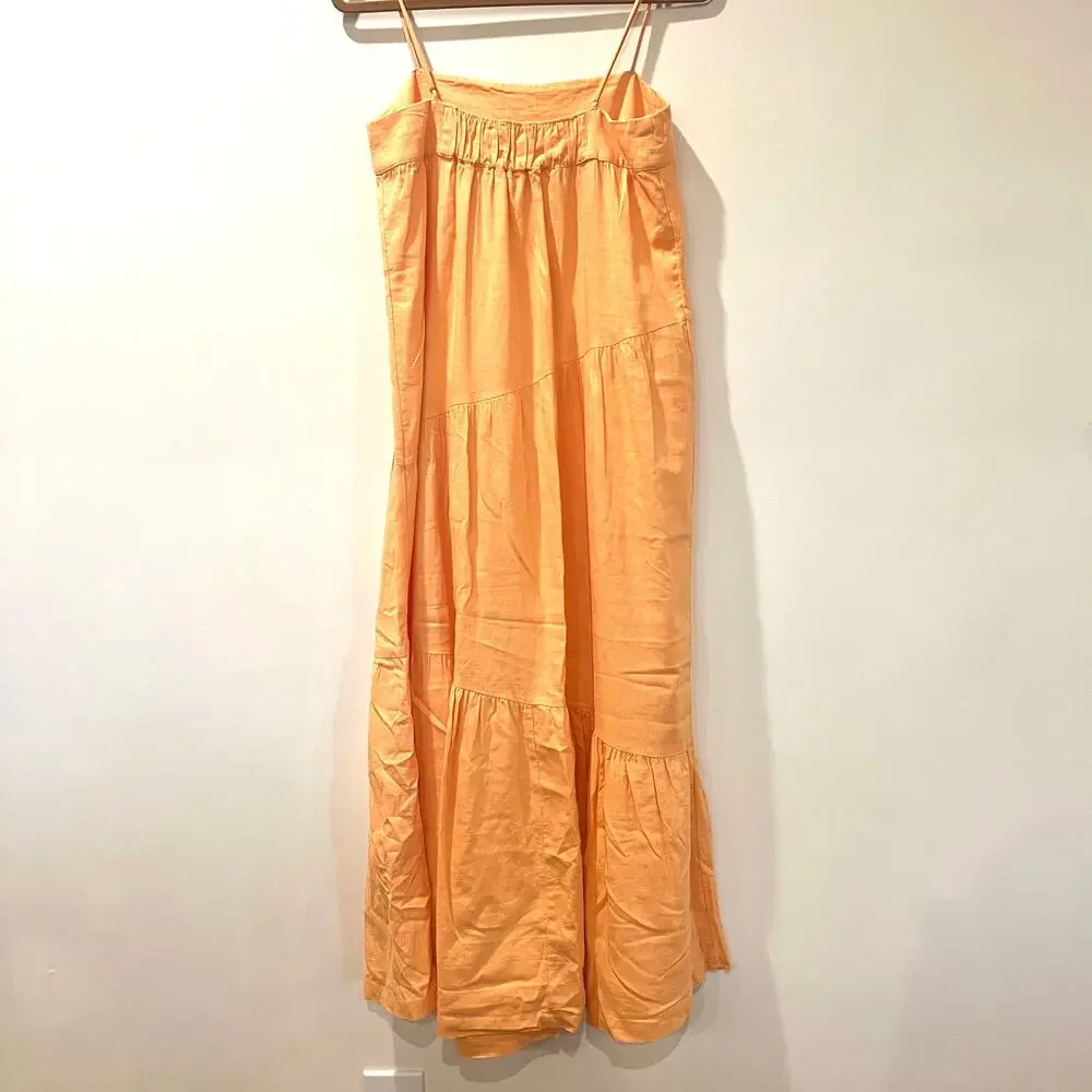 Abercrombie & Fitch Linen Blend Tiered Maxi Dress Medium Petite Cantalope Orange